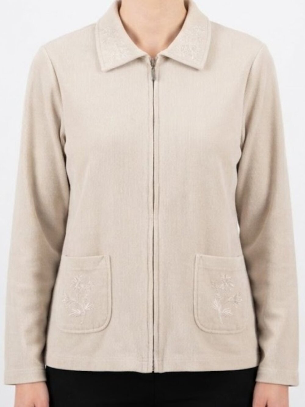 Beige Embroidered Zip-Front Sweater Jacket